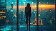 A businesswoman stands in an office room, facing a big window, watching downtown below, depth of field, stock photo, cinematic daylight, backside.