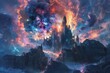 Fantasy illustration of a celestial event over an ancient castle