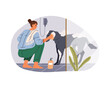 Woman cleaning dog vector clipart. Owner doing pet bathing with soap or showering companion with shampoo. Sign for puppy domestic hygiene and grooming. Washing canine with water. Cartoon illustration
