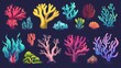 Modern illustration set with different underwater ocean plants and corals. Marine or aquarium bottom tropical bright creatures. exotic undersea flora elements.