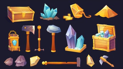 Wall Mural - Cartoon illustration set of golden and gemstone crystals, a crate that holds extracted precious metal, and a pickaxe with gold miner tools for game UI design.