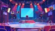 Cartoon modern of empty competition and contest stage with microphone and loudspeakers on scene, large picture screen, jury and audience chairs, spotlights and television cameras. Set up for talent