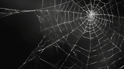 Wall Mural - For halloween, realistic spider web background. Modern scary spooky cobweb net on black backdrop. Creepy decoration texture with white thin sticky thread line on dark. Arachnid trap.