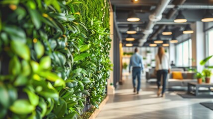 Generative AI, people walking on green office space, motion blur effect, environment concept