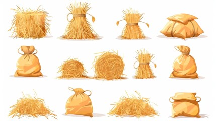 Wall Mural - The haystack set is isolated on a white background. Modern cartoon illustration of a straw bale, a pile of hay, dry grass in a rope-tied sack, farm animal fodder, harvest season, and farmyard.