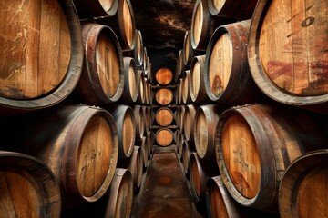 Stacked wooden barrels in a cellar