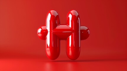 Icon of red hashtag symbol. Realistic modern illustration of telephone and social media signs. Inflatable alphabet element hash tag for chat messages and network posts. Polished typography.