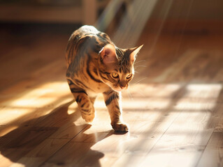 Wall Mural - A playful Bengal cat chasing a beam of light across a hardwood floor