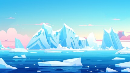 Wall Mural - Arctic landscape with water and icebergs. Polar scene with iceberg floating in water. Polar scenery with glaciers, snow mountains, and ice blocks. Cold northern horizon...