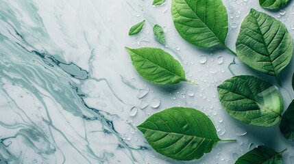 Wall Mural - Spa Product Green leaves in water on a light marble background. Summer concept, flat lay, top view. background for the display of natural cosmetics. Nature background for luxury product placement