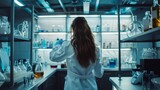 Fototapeta  -  Back view of a female pharmacist in a white lab coat contemplating shelves with medications in a modern pharmacy.