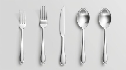 Wall Mural - The modern illustration is a 3D set of a fork, knife, and spoon isolated on a white background. Cutlery set made of stainless steel or silver, modern design used in restaurant kitchens and dining