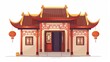 Chinese building facade isolated on white background. Modern illustration of a traditional Chinese house with a Chinese roof and an entrance gate with paper lanterns.