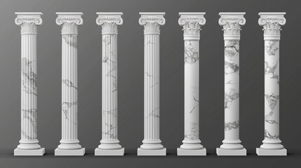 Wall Mural - An illustration of ancient Roman and Greek architecture design elements including a classical colonnade, isolating antique marble pillars on a transparent background.