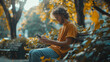 © 4memorize - Man using her smartphone in the city, texting and smiling confidently outdoors