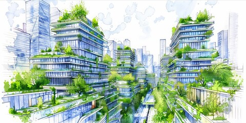 Wall Mural - Architectural sketch of a futuristic cityscape with greenery.