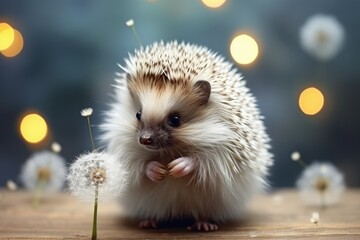Canvas Print - A cute little hedgehog with dandelions on a background of lights.