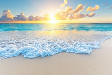 Poster - A sea wave on a sandy beach against the background of the shining sun. Close-up. Seascape.