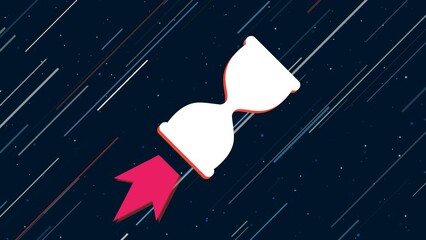 Wall Mural - Hourglass symbol flies through the universe on a jet propulsion. The symbol in the center is shaking due to high speed. Seamless looped 4k animation on dark blue background with stars