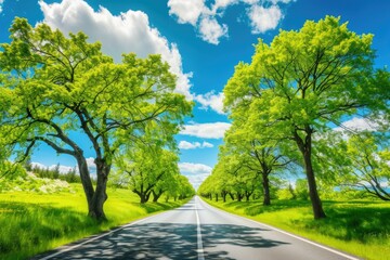 Sticker - road in the countryside highway between green trees on a background of blue sky