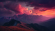 Mountain range under a cloudy sky with pink and purple hues during sunset