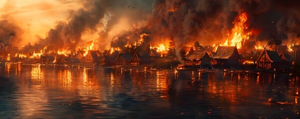 Viking Attack: A Medieval Village Engulfed in Flames. Concept Medieval Village, Viking Attack, Flames, Destruction, Warfare