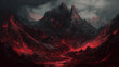 A painting depicting a dark mountain range with ominous red clouds hovering above
