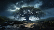 Oak Tree At Dirt Road In The Evening. Storm Is Coming Concept