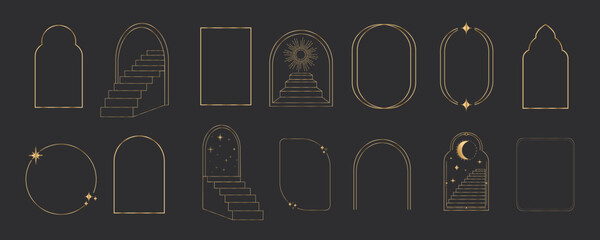 Wall Mural - golden thin line arch frame door stairs, sun and stars, mystic portal, astrology border, decoration,