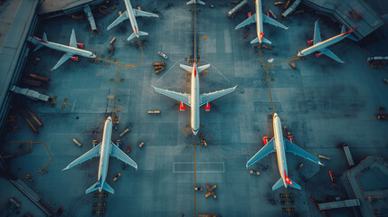 Airplanes parking at the airport aerial view