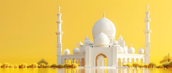 Wall Mural - Miniature mosque isolated on yellow background. for islamic celebration day ramadan kareem or eid al fitr adha. copy space, mockup. front view.