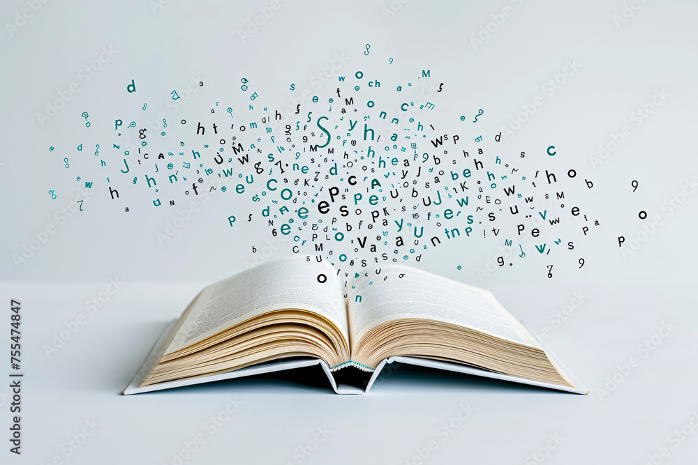 Open book with letters flying out against a white background Stock ...