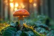 A red toadstool in the forest with sunshine and trees and a blurred bokeh background, Fly Agaric or Fly Amanita with moss and leaves in a wood, An autumn scene with red poisonous mushroom