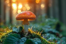 A Red Toadstool In The Forest With Sunshine And Trees And A Blurred Bokeh Background, Fly Agaric Or Fly Amanita With Moss And Leaves In A Wood, An Autumn Scene With Red Poisonous Mushroom