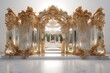 An opulent baroque-style hallway lined with mirrors reflecting luxury, elegance, and the extravagance of a bygone era