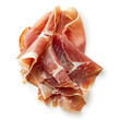 Prosciutto slice isolated on a white background, top view isolated on white