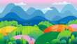 Forest background. Farm field. Trees on hills. Flowers meadow. Country park. Mountain village. Agriculture landscape. Summer farmland. Electricity tower. Vector abstract flat banner