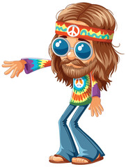 Wall Mural - Cartoon hippie with peace sign and sunglasses.