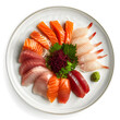 Mix Japanese Sashimi on white plate, top view isolated on white