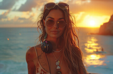Wall Mural - Stylish woman with sunglasses and headphones enjoying sunset by the sea.