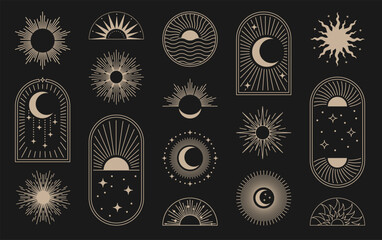 sun icons set. boho sunset logo with bohemian line rays, moon beam minimal sunrise, celestial logoty