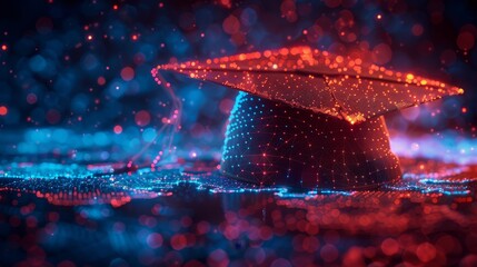 Poster - Graduate hat in digital futuristic style on world map background. Modern illustration.