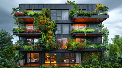 Fototapete - An architectural green facade, a vertical garden, an environmentally friendly building.