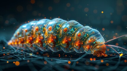 Poster - A butterfly evolves in a digital futuristic style from a caterpillar to a butterfly. The concept of a successful startup, investment, or business transformation.