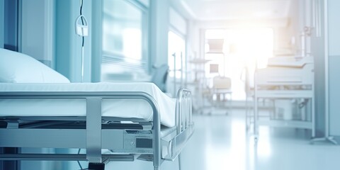 Hospital bed in emergency room blurred background. Abstract blurred medical clinic interior. Medical emergency room in luxury hospital. Healthcare and medical center background