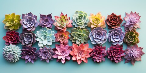 Wall Mural - Top-down image of various colorful succulents neatly arranged on a pastel background