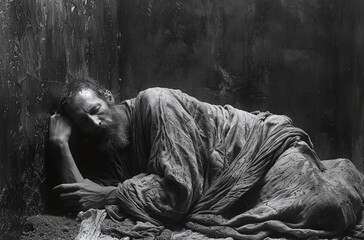 Wall Mural - Black and white image of a person resting against a wall, wrapped in a cloth, depicting despair or homelessness.