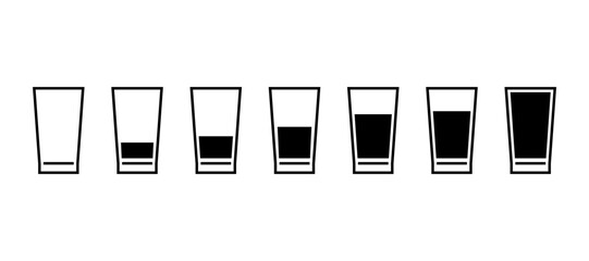 Glasses of water with different measure, icon set. Simple signs different levels of water. Full, half full, empty glass. Vector