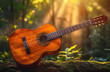 Acoustic guitar resting on a log in a sunlit forest, with rays of light filtering through the trees.