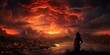 As the fiery volcano erupted against the vibrant sunset sky, a woman gazed in awe at the billowing clouds of smoke, a chaotic display of nature's power and the devastating effects of pollution